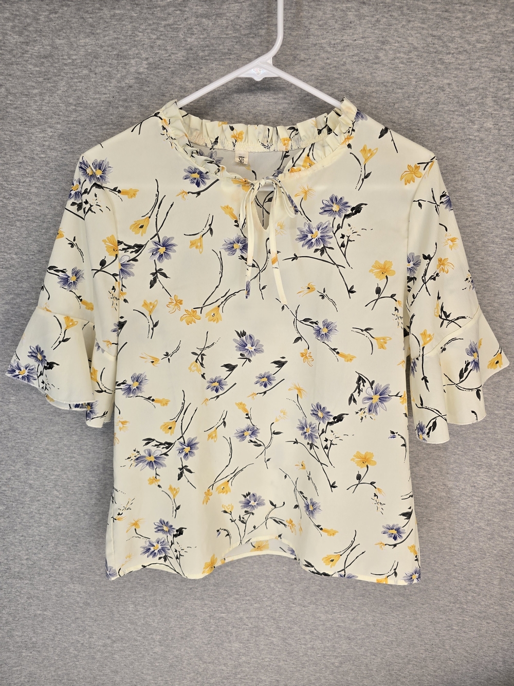 Womens Ivory Floral Bell Sleeve Blouse Ruffle Tie Neck Smart Casual Cottagecore